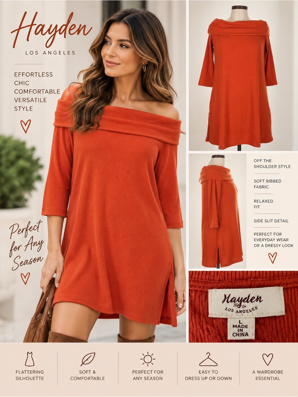 Hayden Los Angeles Women’s Off Shoulder Sweater Dress Rust Orange L